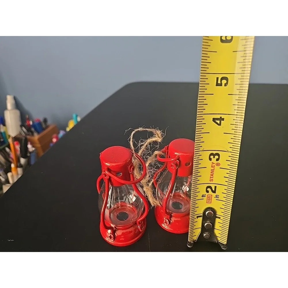2 Miniature Mini Red Lantern Kerosene Lamp Dollhouse Garden Gnome‎ Metal